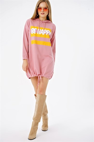 Be Happy Baskılı Eteği Büzgülü Kapüşonlu Oversize Sweat Elbise