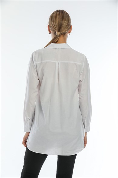 Kadın Arkası Uzun Cebi Nakış İşlemeli Poplin Gömlek