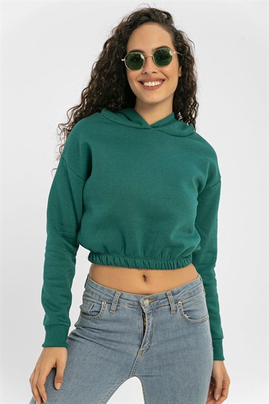 Kadın Beli Lastik Detaylı Kapüşonlu Kısa Sweatshirt