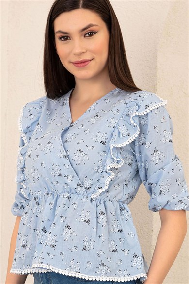 Kadın Beli Lastikli Çiçek Desenli Fırfır Detaylı Bluz