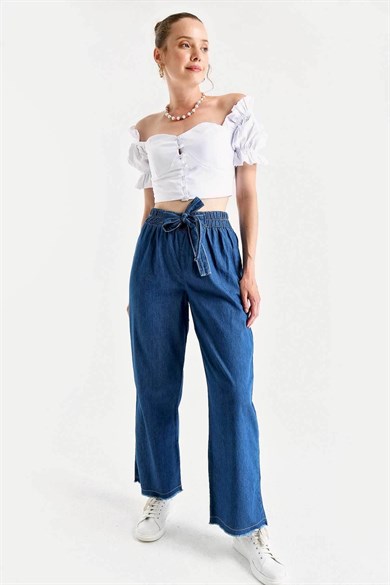 Kadın Beli Lastikli Kuşaklı Bol Paça Jeans Pantolon