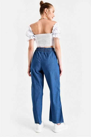 Kadın Beli Lastikli Kuşaklı Bol Paça Jeans Pantolon