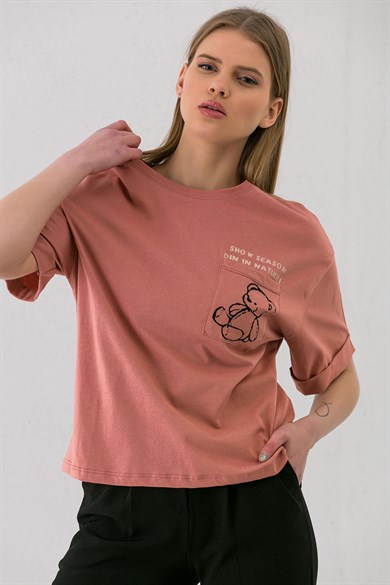 Kadın Cep Baskı Detaylı Duble Kol Oversize T-shirt