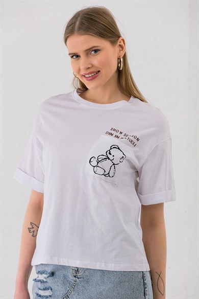 Kadın Cep Baskı Detaylı Duble Kol Oversize T-shirt
