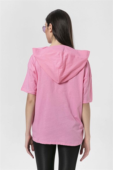 Kadın Cep Detaylı Kapüşonlu Oversize T-Shirt