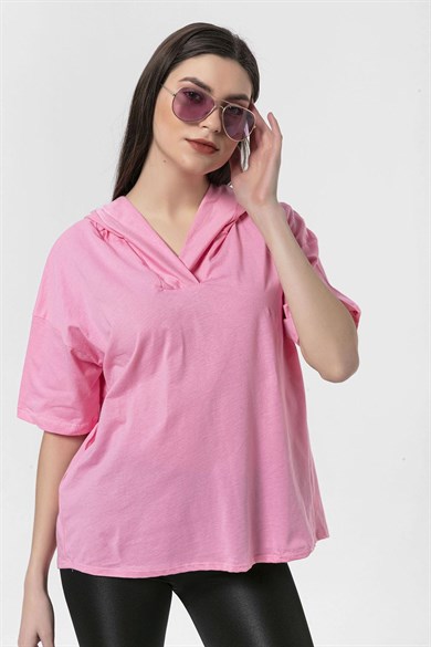 Kadın Cep Detaylı Kapüşonlu Oversize T-Shirt