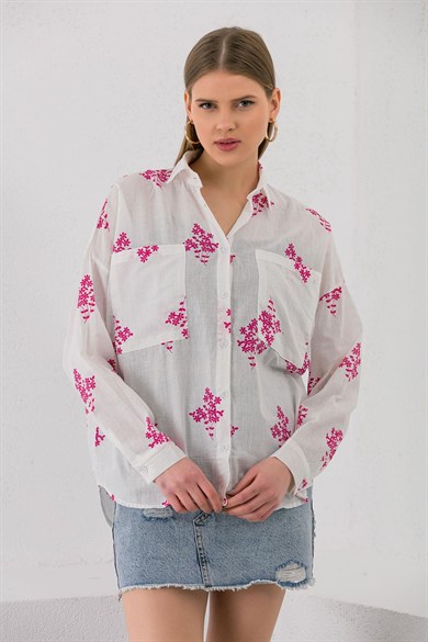 Kadın Çift Cepli Çiçek Desenli Oversize Gömlek