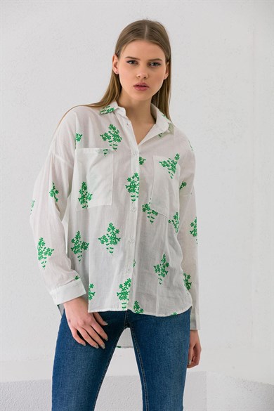 Kadın Çift Cepli Çiçek Desenli Oversize Gömlek