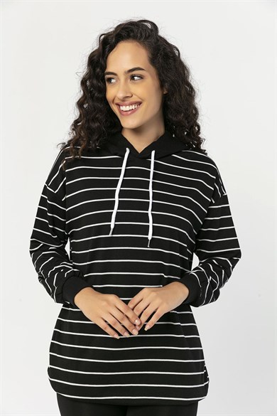 Kadın Çizgi Detatlı Kapüşonlu Oversize Sweatshirt