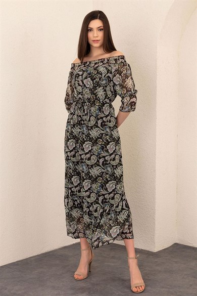 Kadın Desenli Uzun Şifon Elbise