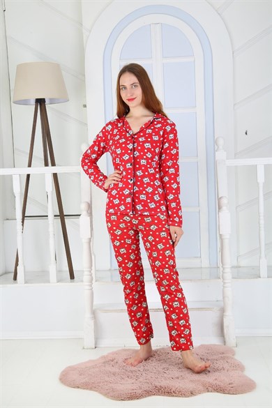 Kadın Düğmeli Uzun Kol Pamuklu Likralı Pijama Takım