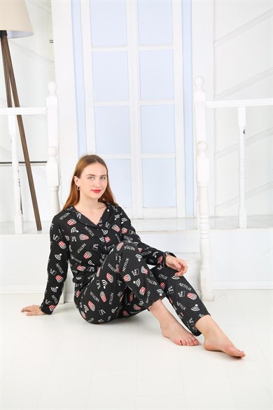 Kadın Düğmeli Uzun Kol Pamuklu Likralı Pijama Takım