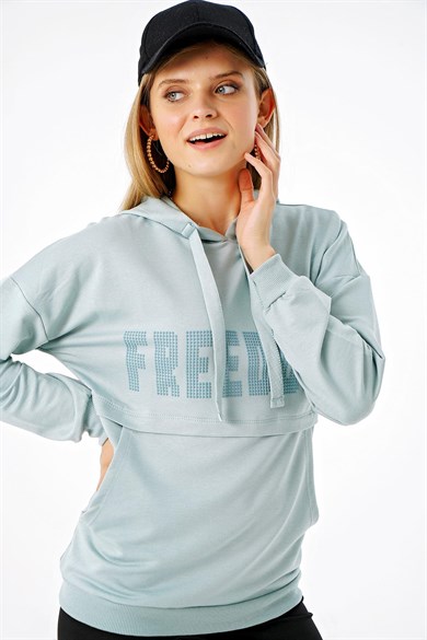 Kadın Freedom Baskılı Cepli Kapüşonlu Sweatshirt