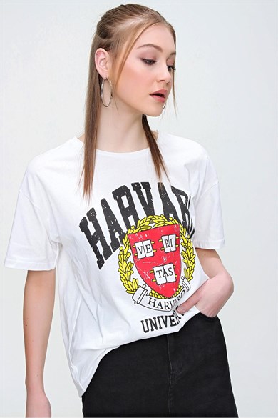 Kadın Harvard Baskılı Oversize Tişört 220059 -