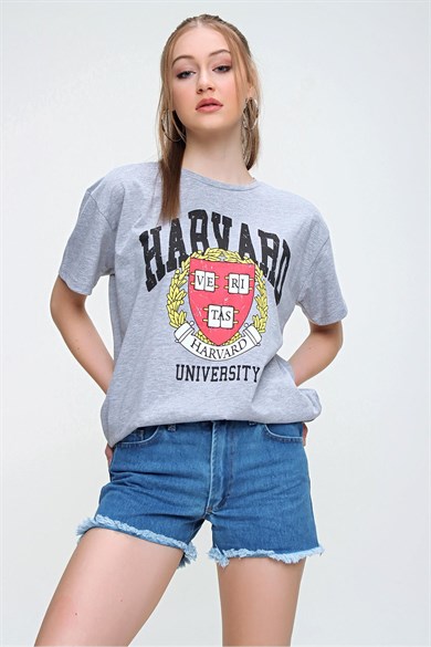 Kadın Harvard Baskılı Oversize Tişört 220059 -