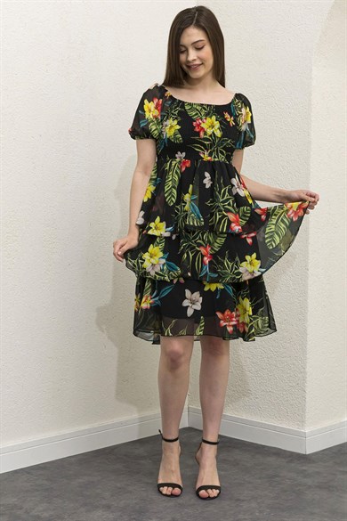 Kadın Kayık Yaka Gipeli Katlı Şifon Elbise