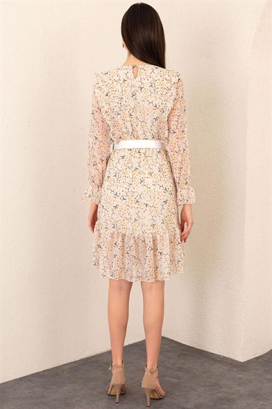 Kadın Kemerli Çiçek Desenli Şifon Elbise