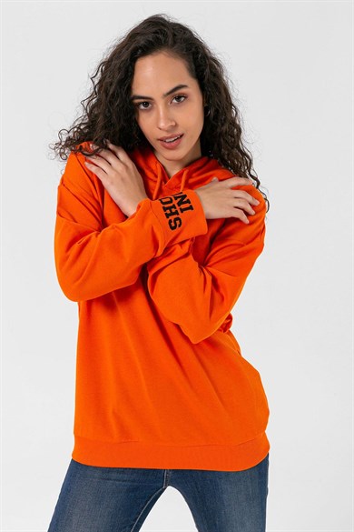 Kadın Kol Sırt Baskı Detaylı Kapüşonlı Oversize Sweatshirt