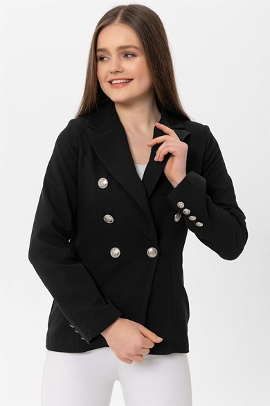 Kadın Kruvaze Yaka Düğme Detaylı Blazer Ceket