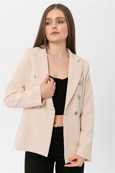 Kadın Kruvaze Yaka Düğme Detaylı Blazer Ceket