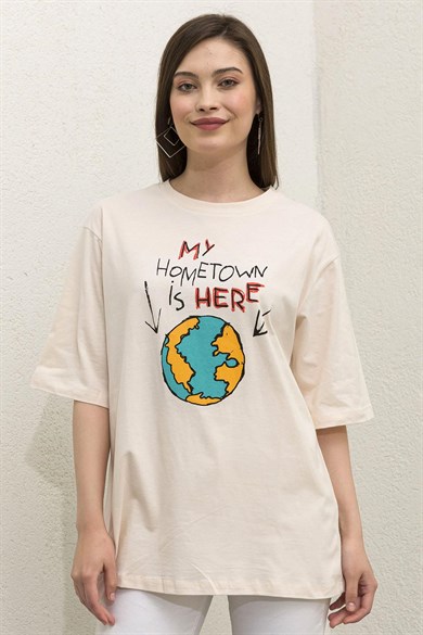 Kadın Önü Baskı Detaylı Oversize Tişört