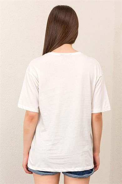 Kadın Önü Baskı Detaylı Oversize Tişört