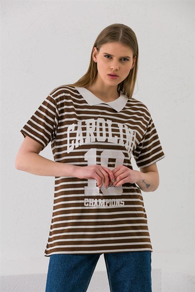 Kadın Önü Baskılı Çizgili Yaka Detaylı T-shirt