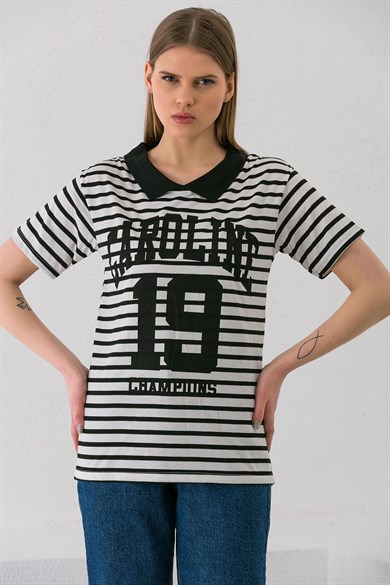 Kadın Önü Baskılı Çizgili Yaka Detaylı T-shirt