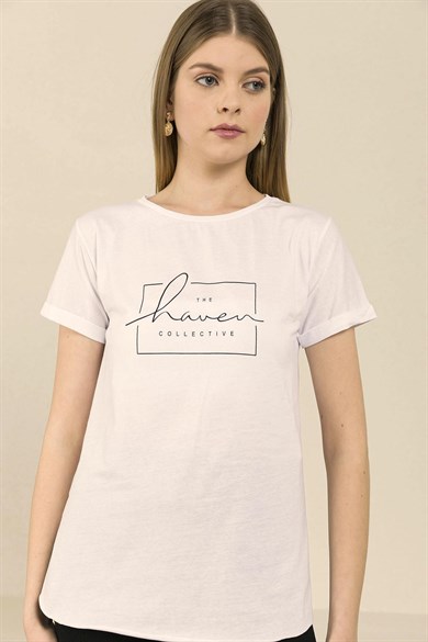 Kadın Önü Baskılı Duble Kol Arkası Uzun T-Shirt