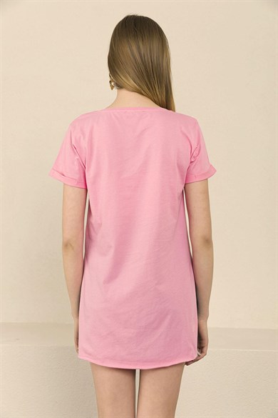 Kadın Önü Baskılı Duble Kol Arkası Uzun T-Shirt