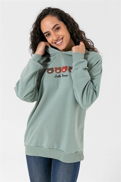 Kadın Önü Baskılı Kapüşonlu Oversize Sweatshirt