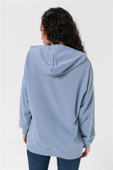 Kadın Önü Baskılı Kapüşonlu Oversize Sweatshirt