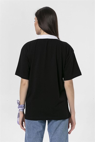 Kadın Önü Baskılı Yaka Detaylı Oversize T-Shirt