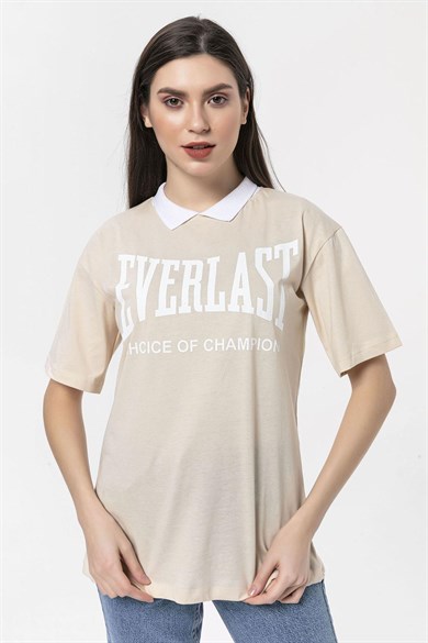 Kadın Önü Baskılı Yaka Detaylı Oversize T-Shirt