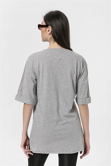 Kadın Önü Baskılı Yan Yırtmaç Detaylı Oversize T-Shirt