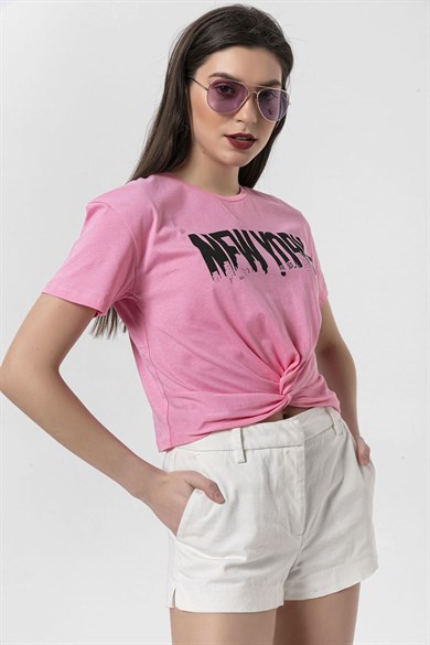 Kadın Önü Büzgü Detaylı Baskılı T-Shirt