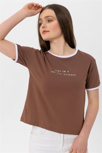 Kadın Önü Yazı Detaylı Tişört 220052 -