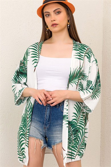 Kadın Palmiye Güpür Detaylı Viskon Kimono Ceket