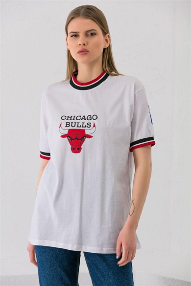 Kadın Yaka Kol Şerit Detaylı Baskılı Oversize T-shirt