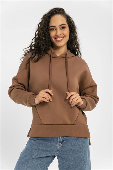 Kadın Yan Yırtmaçlı Kapüşonlu Oversize Sweatshirt