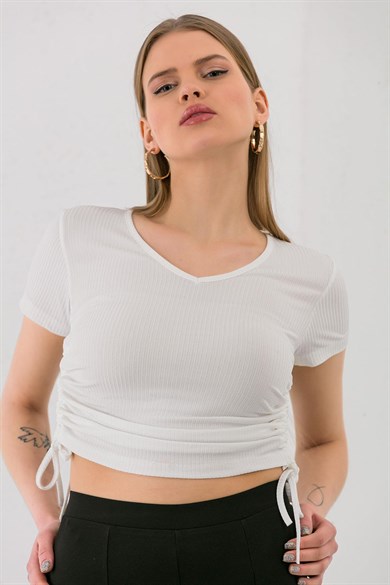 Kadın Yanı Büzgü Detaylı V Yaka Kaşkorse T-shirt